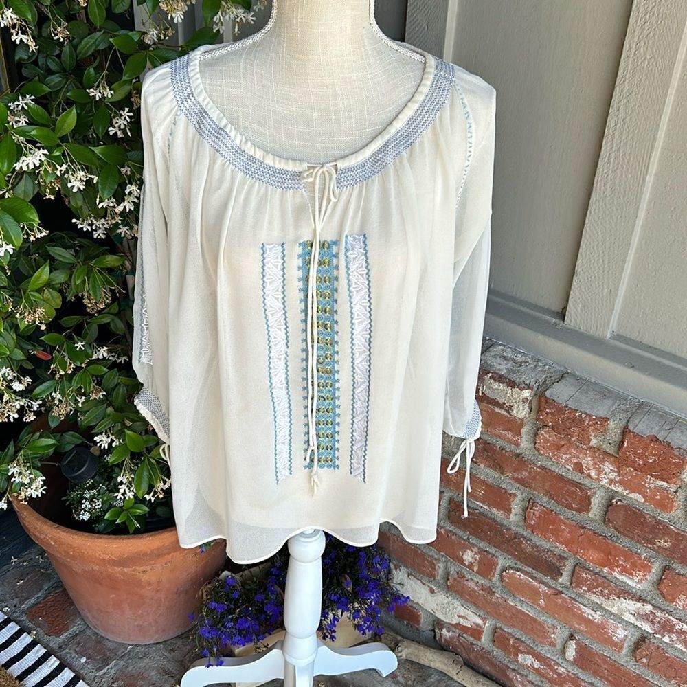 MATTY M Embroidered Sheer Long Sleeve Blouse with Keyhole Tie Front Size: S